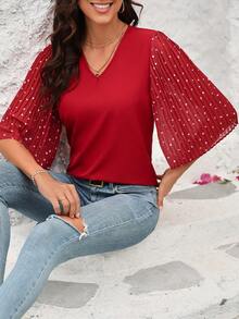 SHEIN Clasi Quý cô In Trái tim Tay áo xù Áo sơ mi - Đỏ - Xem 3