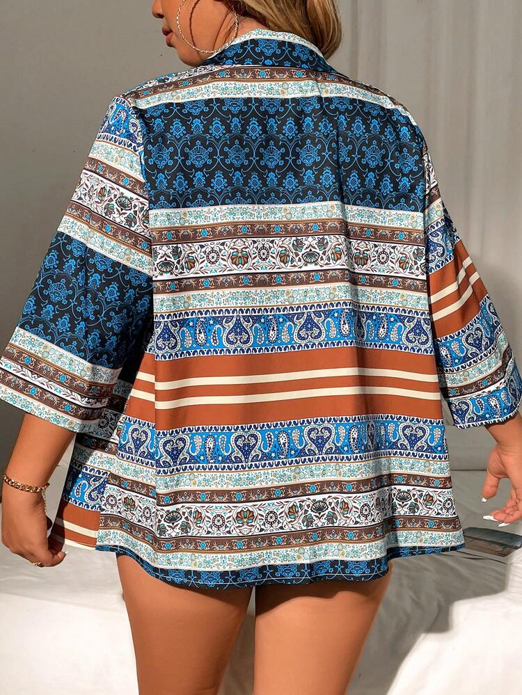 1pc Plus Size Full-Print Button Up Shirt