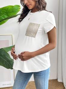 SHEIN Thai sản Lung linh Trang trí bỏ túi Tương phản Màu sắc Bong bóng Tay áo Áo thun - trắng - Xem 3