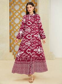 Al Najma Geometric Patterned Abaya Dress With Ruffled Hem - Multicolor - View 5