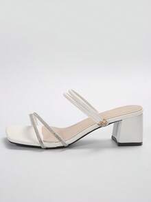 New Square Toe Thick Heel Sandals, Versatile High-End French Style Crystal Embellished High Heels For Commuting, Business And Daily Wear - White - View 3