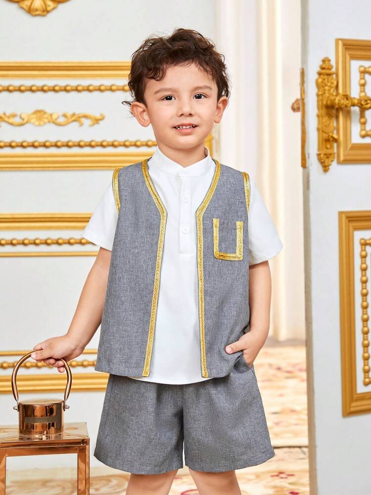 Young Boy's Casual Stand Collar Shirt, Vest And Shorts 3pcs Suit