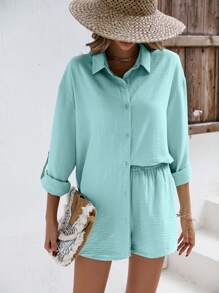 SHEIN Frenchy Camisa de lino de hombro caído y pantalón corto de lino - Conjunto de tela de lino, ropa de vuelta al colegio para otoño, ropa de mujer estilo "Viejo dinero", atuendos de maestra, ropa de negocios para mujer, camisas de maestra - verde menta - Ver 7