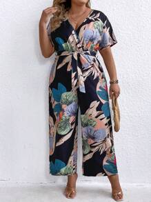 SHEIN Clasi Women's Plus Size Tropical Print V-Neck Jumpsuit