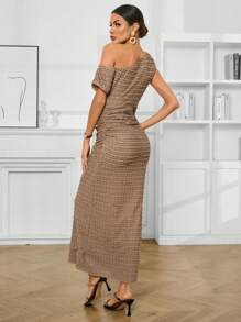 GENKIRA Oblique Shoulder Women's Dress - Camel - View 2
