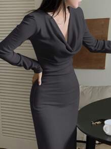 DAZY Vestido de mujer de unicolor con cuello drapeado y abertura alta, ropa de otoño - Gris - Ver 6