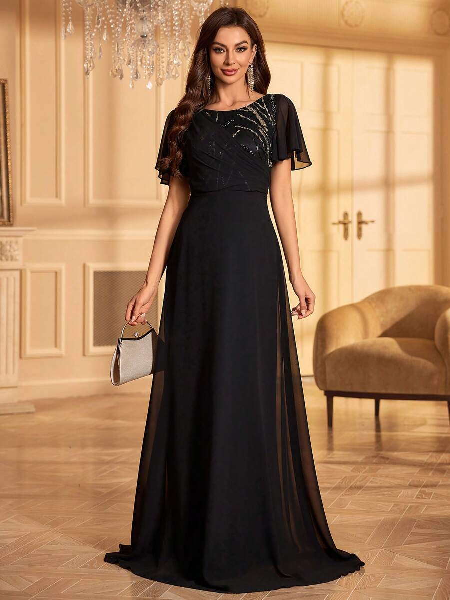 亮片串珠雪纺礼服黑色优雅舞会晚会婚礼宾客礼服，适合毕业典礼、晚宴 - 黑色 - 查看 1