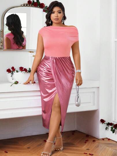 SHEIN Belle Plus Size Color Block Wrapped Split Dress, Wedding Guest Dress