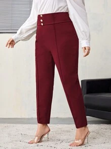 SHEIN Privé 女裝加大尺碼純色釦子細節錐形褲 - 酒紅色 - 查看 4