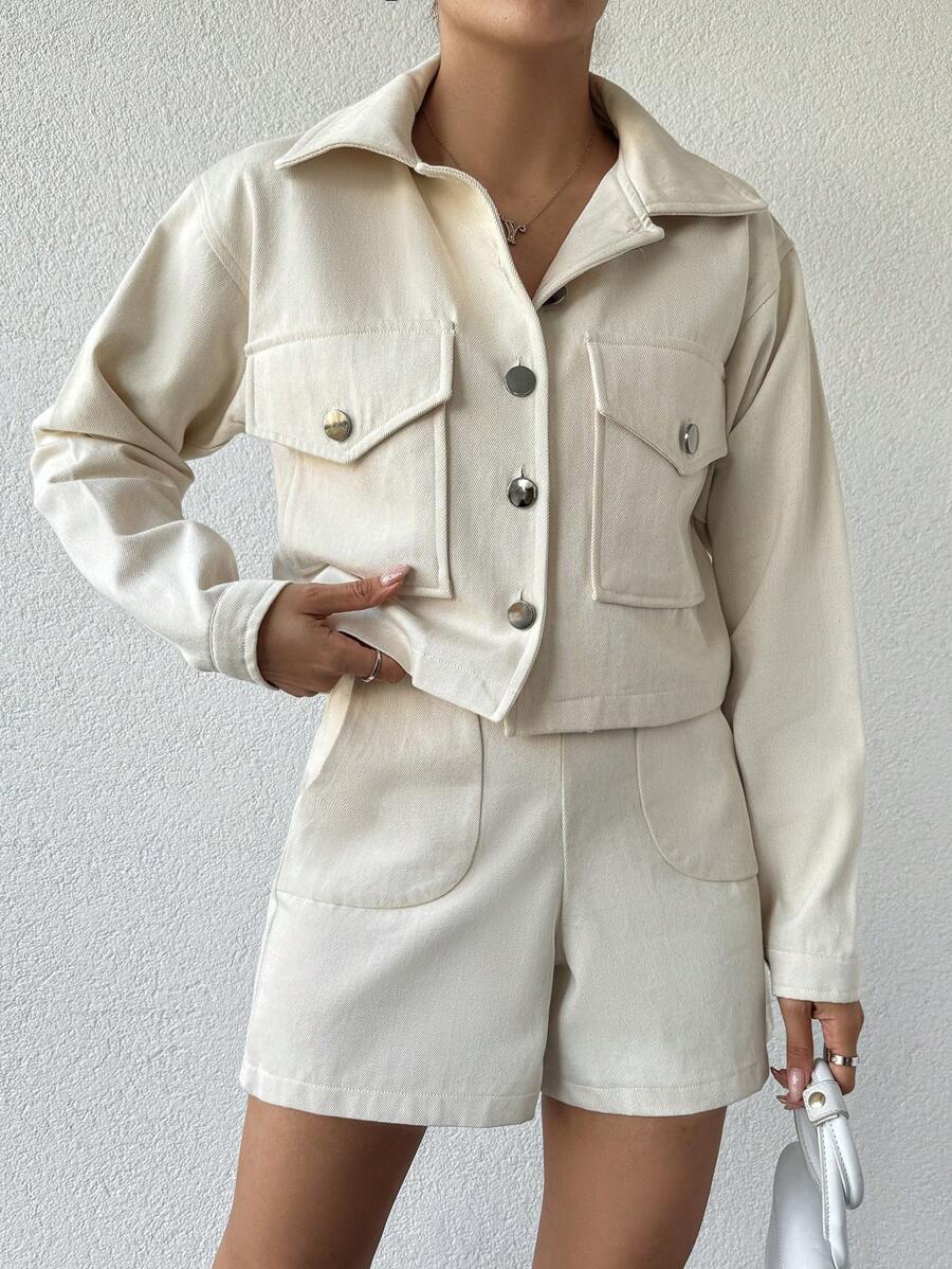 RueChic Solid Flap Pocket Jacket & Shorts Set - Beige - View 1
