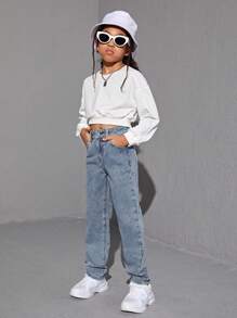 SHEIN Tween Girl Sun Face Printed Denim Jeans - Blue - View 6