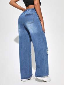 SHEIN SXY Drawstring Elastic Waist Ripped Straight Leg Jeans - Light Wash - View 3