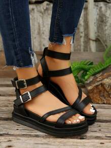 Plus Size Women Leather Buckle Thick Sole Open Toe Casual Fashion Outdoor Beach Summer Sandals - Black - View 3