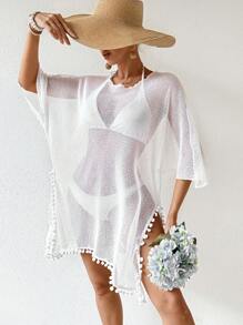 SHEIN Swim 1pc Pom-Pom Color Block Batwing Sleeve Cover-Up Dress Wedding Summer