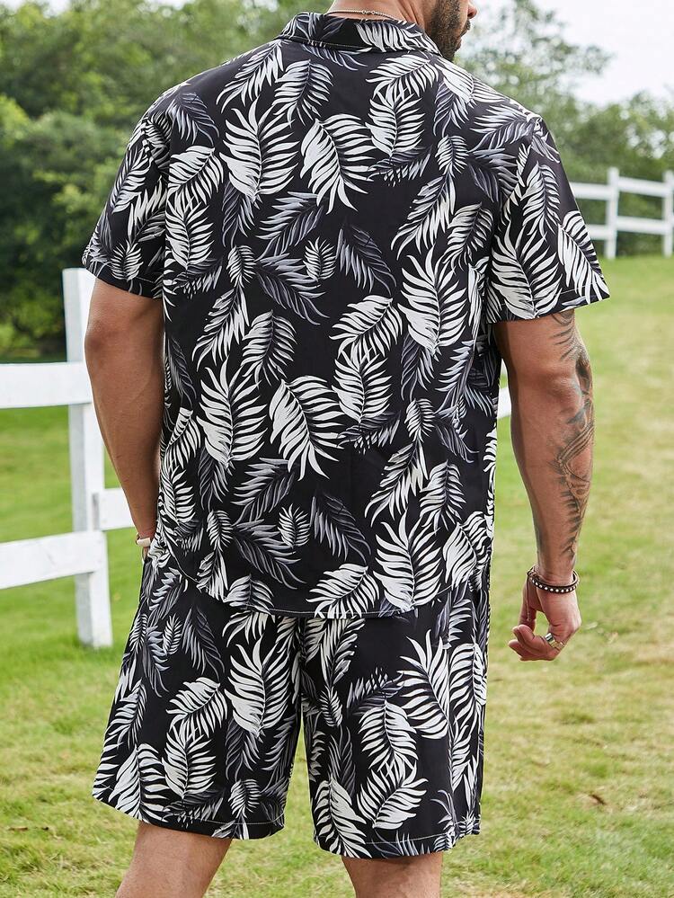 Men'S Plus Size Plant Printed Short Sleeve Shirt And Shorts 2pcs/Set