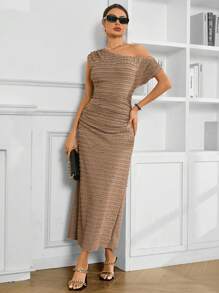 GENKIRA Oblique Shoulder Women's Dress - Camel - View 3
