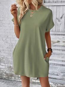 INAWLY Loose-Fit Batwing Sleeve Solid Color Round Neck Dress - Lime Green - View 5