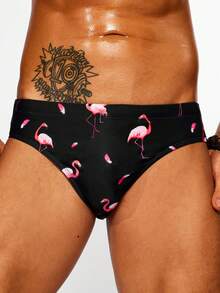 Manfinity 男士火烈鳥印花三角泳褲 - 黑色 - 查看 6