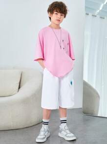 SHEIN 2pcs/Set Tween Boys' Casual Loose Fit Knit Short Sleeve Tee With Pockets & Mesh Shorts With Embroidered Patch - Multicolor - View 5