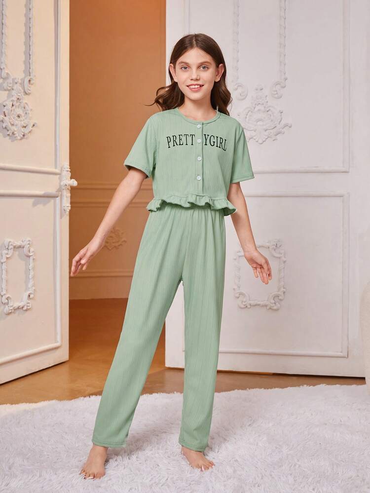 Tween Girls' Simple Green Loose Fit Short Sleeve Top With Button Detailing And Pants Set For Casual & Home Wear