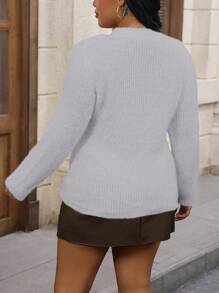 Calvaya Plus Size Women's Round Neck Long Sleeve Sweater Knit Pullover Fall Winter - Light Grey - View 2