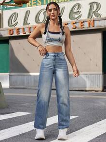 SHEIN EZwear Của phụ nữ Retro Giò thẳng Quần jean - Màu xanh lam - Xem 5