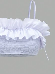 SHEIN Swim Solid Color Ruffle Trim Bandeau Bikini Top With Lace-Up Back Wedding Summer - White - View 5