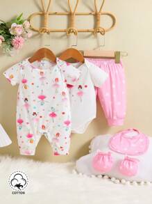 SHEIN 6pcs/Set Baby Girl's Casual Cute Elf Pattern Printed Gift Set For Home And Daily Wear In Spring And Summer - Pink - View 1