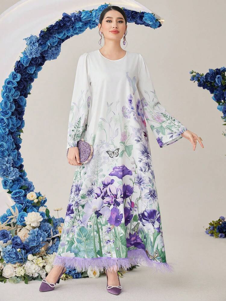 Women's Floral Butterfly Print Flare Sleeve Arabic Jalabiya Dress