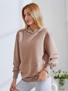 EURMUSE Women's Mountain & Letter Pattern Hooded Sweatshirt - Mocha Brown - View 3