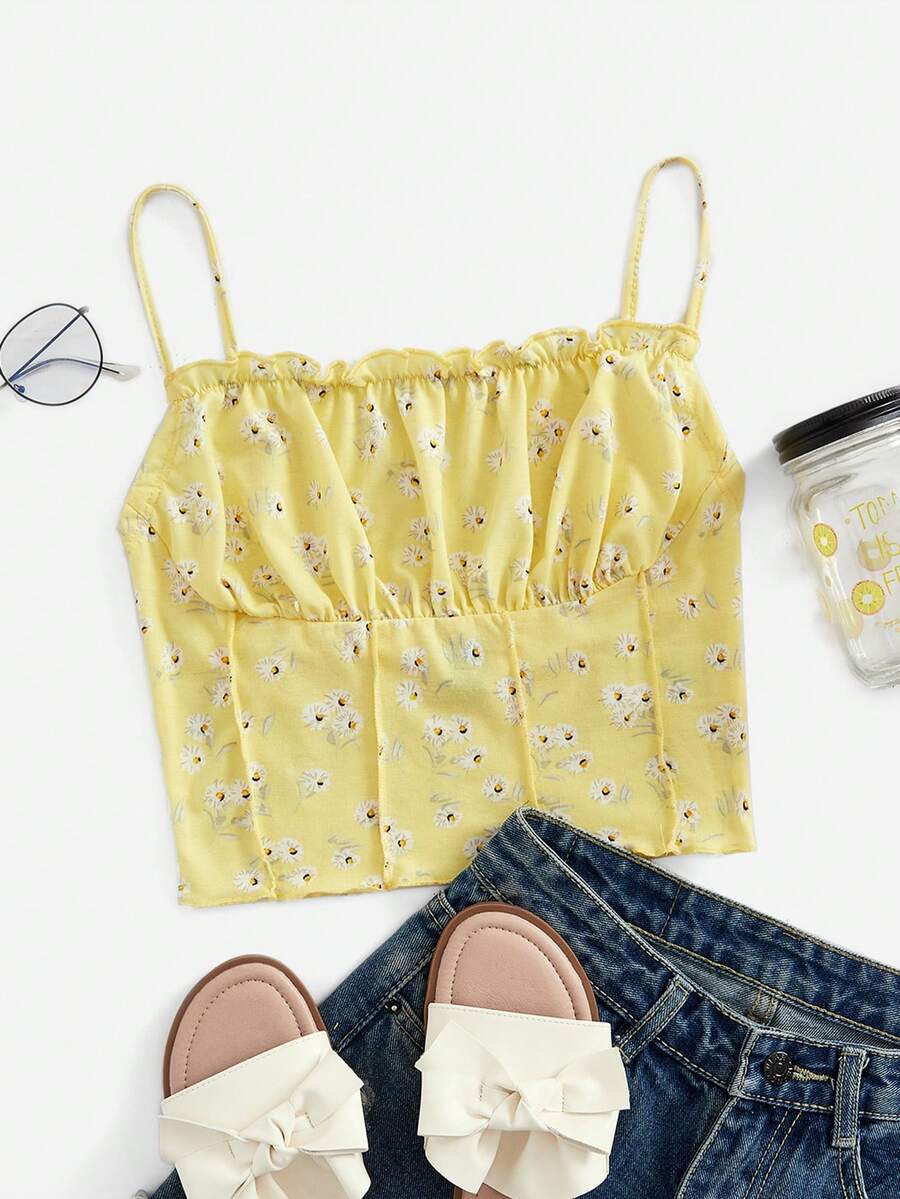 Soleia Trang trí Frills Xếp li Cami ngọn Với Đệm - Màu vàng - Xem 1