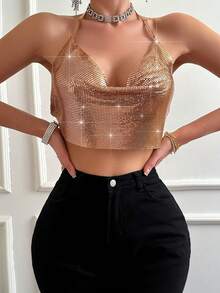 Allurite Top De Camiseta Halter De Cuello Drapeado Con Brillo Y Espalda Abierta - Café integral - Ver 4