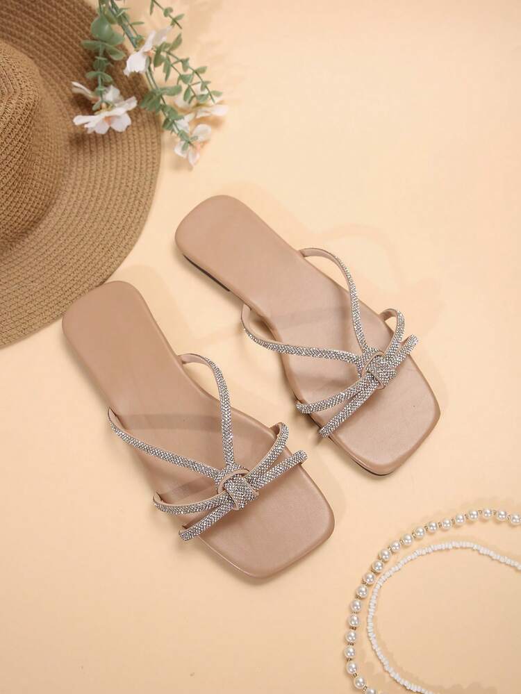 Hàng mới đến Màu Quả mơ Chóp giầy hình vuông Dép đi trong nhà Đối với phụ nữ , Đúng mốt Bằng phẳng Thiết kế Với Rhinestone Chi tiết Và Đế mềm , Lý tưởng Đối với bờ biển Mặc In Mùa hè Và Mùa thu - Màu be - Xem 6