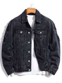 Manfinity Hypemode Men'S Distressed Denim Jacket - Black - View 1