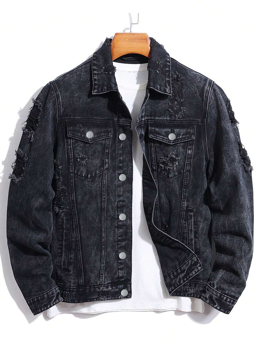 Manfinity Hypemode Men'S Distressed Denim Jacket - Black - View 1