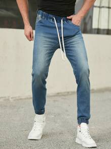 Manfinity Nam Eo dây rút & Hem Quần denim - Màu xanh lam - Xem 3