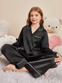 SHEIN Pijamas Para Niñas Preadolescentes Con Cuello De Rayas, Conjunto De Top De Manga Larga Y Pantalón Ancho - Negro - Ver 1
