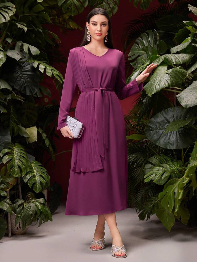 Women'S V-Neck Long Sleeve Pleated Patchwork Dress