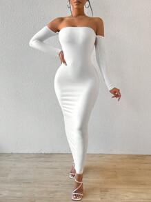 BamGleam 女士露背露肩连衣裙 超长女士服装 - 白色 - 查看 5