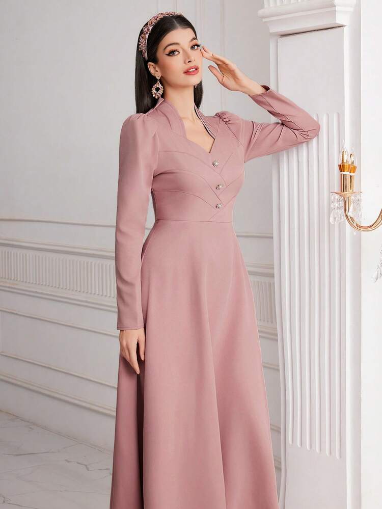 Women's Sweetheart Neckline Button Detail Belted Dress Long Evening Dresses