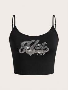 SHEIN EZwear Women's Letter Pattern Rhinestone Decor Spaghetti Strap Tank Top Suitable For Spring And Summer - Black - View 7