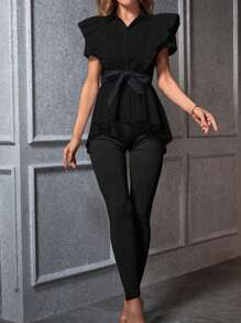 SHEIN Privé Ladies' Ruffle Trim Shirt And Skinny Pants 2 Piece Set - Black - View 1