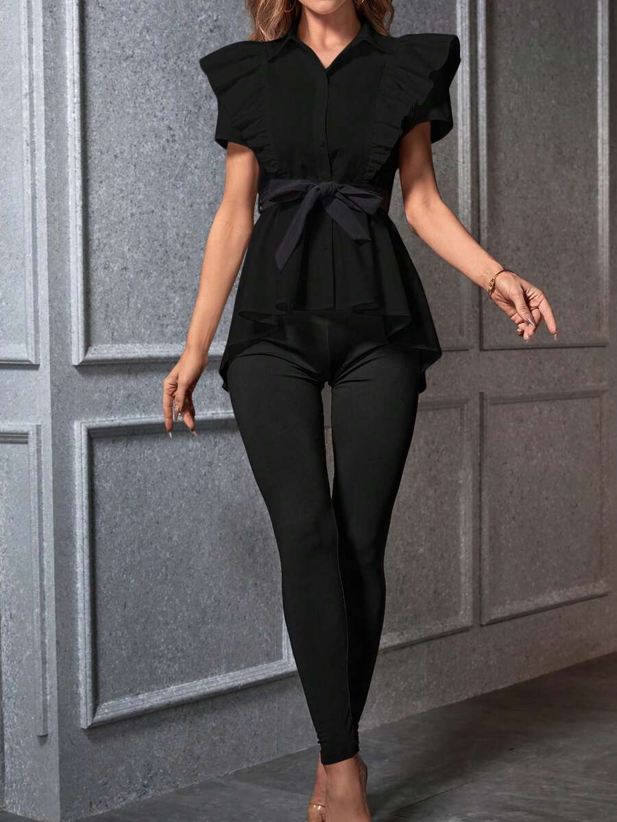 SHEIN Privé Ladies' Ruffle Trim Shirt And Skinny Pants 2 Piece Set - Black - View 1