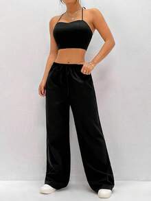 SHEIN Unity 女士純色休閒套裝 - 黑色 - 查看 5