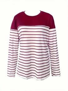 INAWLY Women's Color Block Striped Patchwork T-Shirt Graphic Tees Women Tops Fall Cloth For Women - Burgundy - View 4