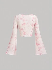 SHEIN MOD 女士浅粉色花卉印花鸡心领喇叭袖 T 恤 - 淺粉色 - 查看 2