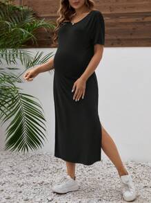 Maternity V-Neck Split Hem Short Sleeve Dress - Black - View 6
