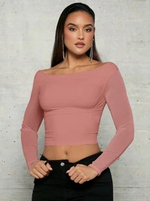 SHEIN BAE Women'S Boat Neck Cropped Top - Dusty Pink - View 1