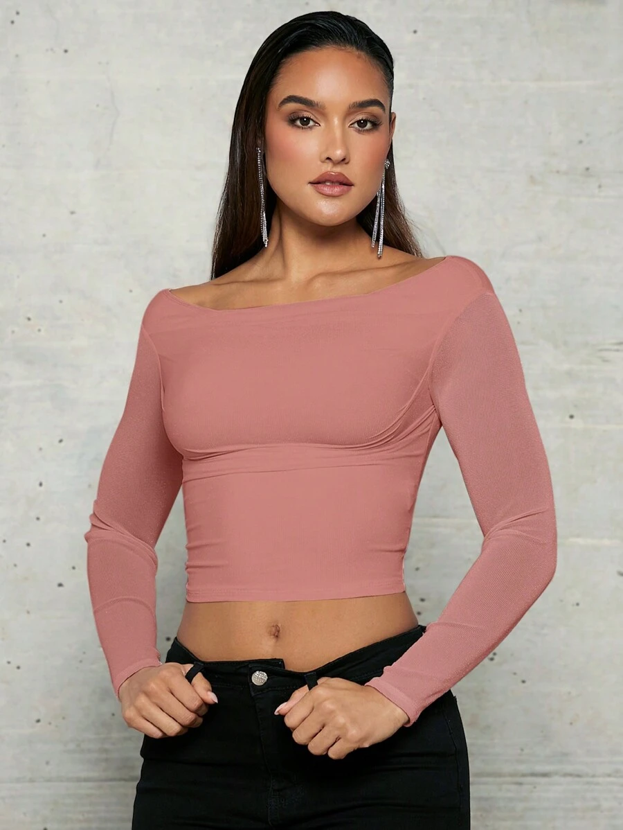 SHEIN BAE Women'S Boat Neck Cropped Top - Dusty Pink - View 1