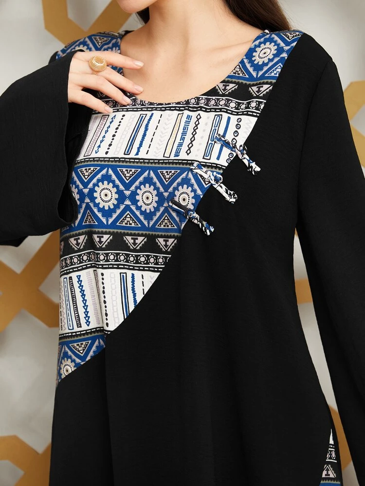 Women's Printed Patchwork Bell Sleeve Dress